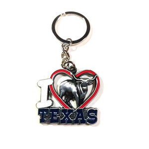 I Love Texas Heart Bull Metal Keychain